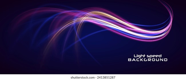 Light trail wave, fire path trace line, car lights, optic fiber and incandescence curve twirl. Vector glitter light fire flare trace. Speed of light in galaxy.	
