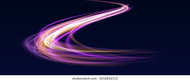 Light trail wave, fire path trace line, car lights, optic fiber and incandescence curve twirl. Vector glitter light fire flare trace. Speed of light in galaxy.	
