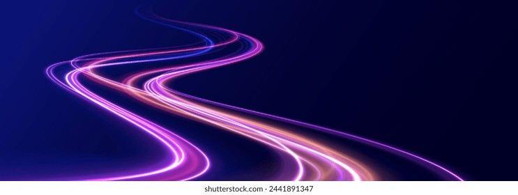 Light trail wave, fire path trace line, car lights, optic fiber and incandescence curve twirl. Rotating dynamic neon circle. Colored shiny sparks of spiral wave.	