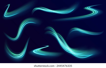 Light trail wave, fire path trail line and filament curve rotation. Big data traffic visualization, dynamic high speed data streaming traffic. Cyberpunk light in motion or light slow shutter effect.	
