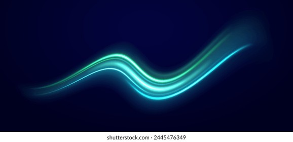 Light trail wave, fire path trail line and filament curve rotation. Big data traffic visualization, dynamic high speed data streaming traffic. Cyberpunk light in motion or light slow shutter effect.	
