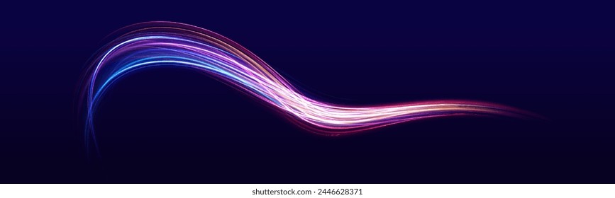 Light trail wave, fire path trace line and incandescence curve twirl. Light trail curve swirl. Light and stripes moving fast over dark background. Incandescent optical fiber. Vector	
