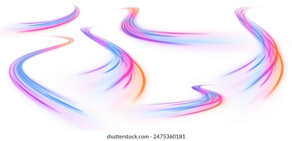 Light trail wave, fire path trace line, car lights, optic fiber and incandescence curve twirl. Laser beams luminous abstract sparkling isolated on a transparent background.	
