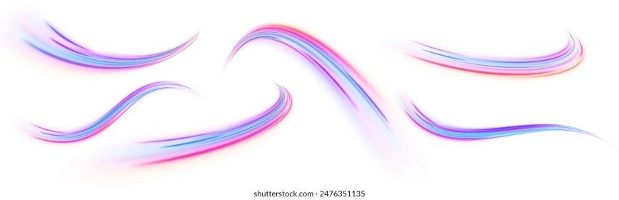 Light trail wave, fire path trace line, car lights, optic fiber and incandescence curve twirl. Laser beams luminous abstract sparkling isolated on a transparent background.	

