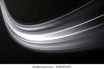 Light trail wave, fire path trace line and effect curve twirl. Neon motion effect. White special effect,speed police line. Road Magic of moving fast lines. Line of light on a black background.