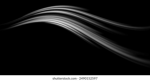 Light trail wave, fire path trace line and effect curve twirl. Neon motion effect. White special effect,speed police line. Road Magic of moving fast lines. Line of light on a black background