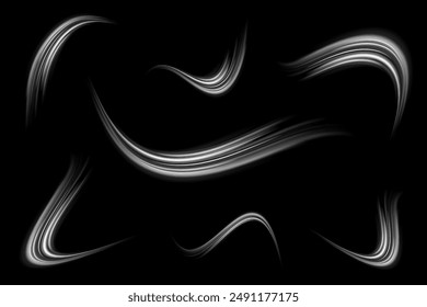 Light trail wave, fire path trace line and effect curve twirl. Neon motion effect. White special effect,speed police line. Road Magic of moving fast lines. Line of light on a black background.