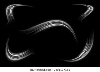 Light trail wave, fire path trace line and effect curve twirl. Neon motion effect. White special effect,speed police line. Road Magic of moving fast lines. Line of light on a black background.