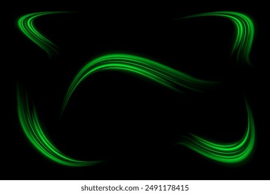  Light trail wave, fire path trace line and effect curve twirl. Neon motion effect. White special effect,speed police line. Road Magic of moving fast lines. Line of light on a black background