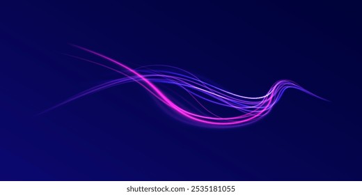 Light trail wave, fire path trace line, car lights, optic fiber and incandescence curve twirl. High speed road in night time abstraction. Sport car is made of polygons, lines and connected dots.