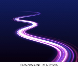 Light trail wave, fire path trace line, car lights, optic fiber and incandescence curve twirl. Trendy geometric neon collage for speed movement. Acceleration speed motion on night road.	