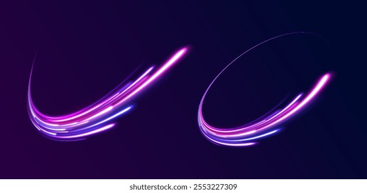 Light trail wave, fire path trace line, car lights, optic fiber and incandescence curve twirl. Big data traffic visualization, dynamic high speed, png, effect. Vector glowing lines air flow effect. 