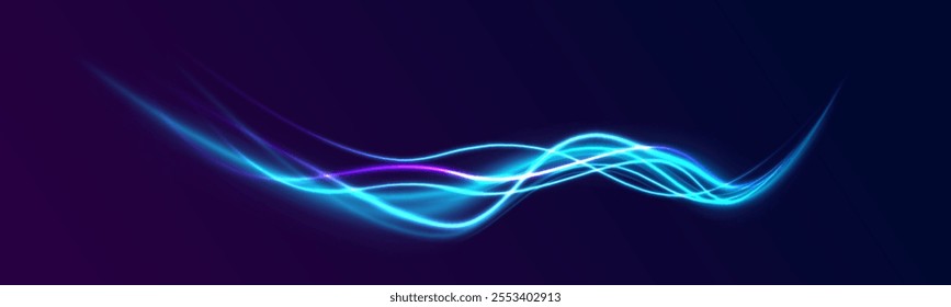 Light trail wave, fire path trace line, car lights, optic fiber and incandescence curve twirl. Big data traffic visualization, dynamic high speed, png, effect. Vector glowing lines air flow effect. 