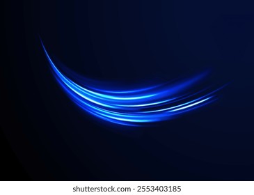 Light trail wave, fire path trace line, car lights, optic fiber and incandescence curve twirl. Big data traffic visualization, dynamic high speed, png, effect. Vector glowing lines air flow effect.