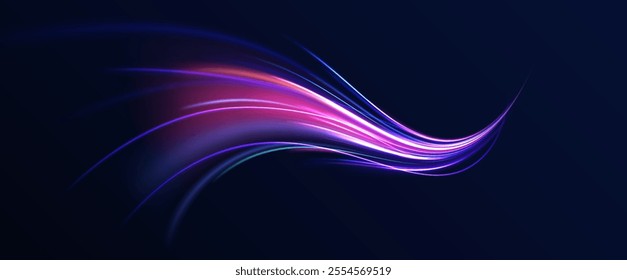Light trail wave, fire path trace line, car lights, optic fiber and incandescence curve twirl. Big data traffic visualization, dynamic high speed, png, effect. Vector glowing lines air flow effect. 