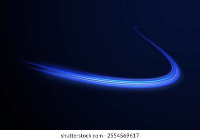 Light trail wave, fire path trace line, car lights, optic fiber and incandescence curve twirl. Big data traffic visualization, dynamic high speed, png, effect. Vector glowing lines air flow effect.