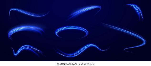 Light trail wave, fire path trace line, car lights, optic fiber and incandescence curve twirl. Big data traffic visualization, dynamic high speed, png, effect. Vector glowing lines air flow effect.