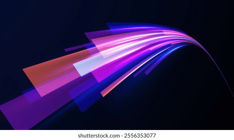 Light trail wave, fire path trace line, car lights, optic fiber and incandescence curve twirl. Big data traffic visualization, dynamic high speed, png, effect. Vector glowing lines air flow effect. 