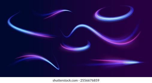 Light trail wave, fire path trace line, car lights, optic fiber and incandescence curve twirl. Big data traffic visualization, dynamic high speed, png, effect. Vector glowing lines air flow effect. 