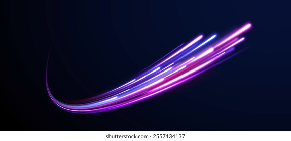 Light trail wave, fire path trace line, car lights, optic fiber and incandescence curve twirl. Big data traffic visualization, dynamic high speed, png, effect. Vector glowing lines air flow effect. 
