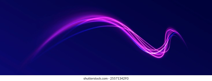 Light trail wave, fire path trace line, car lights, optic fiber and incandescence curve twirl. Big data traffic visualization, dynamic high speed, png, effect. Vector glowing lines air flow effect. 