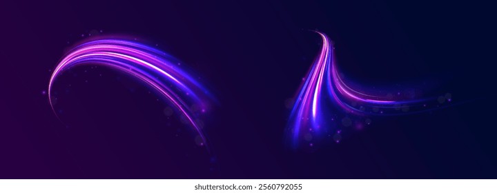 Light trail wave, fire path trace line, car lights, optic fiber and incandescence curve twirl. Big data traffic visualization, dynamic high speed, png, effect. Vector glowing lines air flow effect.