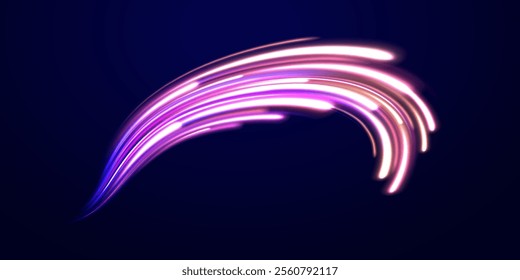 Light trail wave, fire path trace line, car lights, optic fiber and incandescence curve twirl. Big data traffic visualization, dynamic high speed. Vector glowing lines air flow effect. 