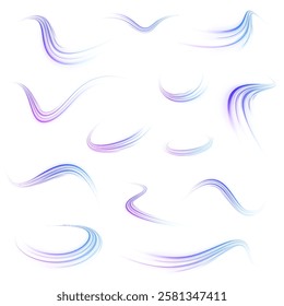 Light trail wave, fire path trace line, car lights, optic fiber and incandescence curve twirl. Big data traffic visualization, dynamic high speed, png, effect. Vector glowing lines air flow effect. 