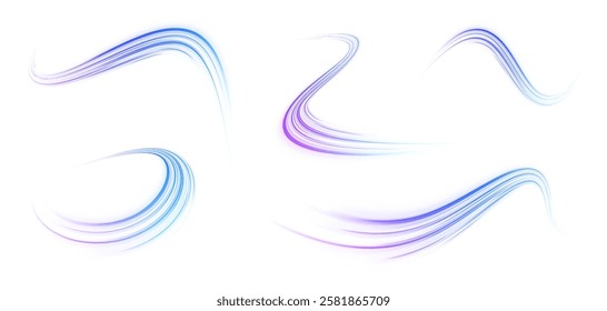 Light trail wave, fire path trace line, car lights, optic fiber and incandescence curve twirl. Big data traffic visualization, dynamic high speed, png, effect. Vector glowing lines air flow effect. 