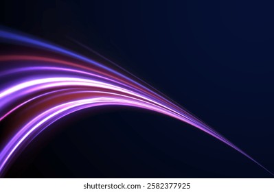 Light trail wave, fire path trace line, car lights, optic fiber and incandescence curve twirl. Big data traffic visualization, dynamic high speed, png, effect. Vector glowing lines air flow effect. 