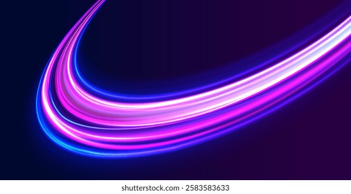 Light trail wave, fire path trace line, car lights, optic fiber and incandescence curve twirl. Big data traffic visualization, dynamic high speed, png, effect. Vector glowing lines air flow effect. 