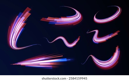 Light trail wave, fire path trace line, car lights, optic fiber and incandescence curve twirl. Big data traffic visualization, dynamic high speed, png, effect. Vector glowing lines air flow effect. 