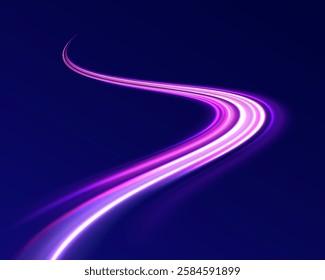 Light trail wave, fire path trace line, car lights, optic fiber and incandescence curve twirl. Big data traffic visualization, dynamic high speed, png, effect. Vector glowing lines air flow effect. 