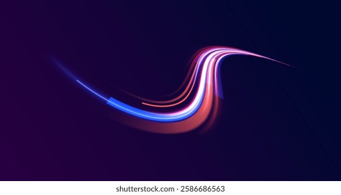 Light trail wave, fire path trace line, car lights, optic fiber and incandescence curve twirl. Big data traffic visualization, dynamic high speed, png, effect. Vector glowing lines air flow effect. 