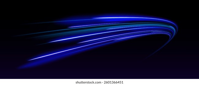 Light trail wave, fire path trace line, car lights, optic fiber and incandescence curve twirl. Particle motion light effect. Abstract fire flare trace lens flares.