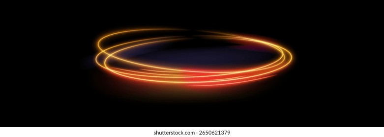Onda de trilha de luz, linha de trajeto de fogo, luzes de carro, fibra óptica e incandescência curva de giro. Linhas vermelhas luminosas de velocidade.