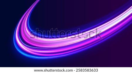 Light trail wave, fire path trace line, car lights, optic fiber and incandescence curve twirl. Big data traffic visualization, dynamic high speed, png, effect. Vector glowing lines air flow effect. 