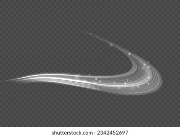 Light trail wave png effect, fire path trace line, car lights, optic fiber and incandescence curve twirl. Luminous white lines png of speed. Bright spiral. Abstract motion lines. Vector illustration.