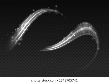 Light trail wave png effect, fire path trace line, car lights, optic fiber and incandescence curve twirl. Luminous white lines png of speed. Bright spiral. Abstract motion lines. Vector illustration.