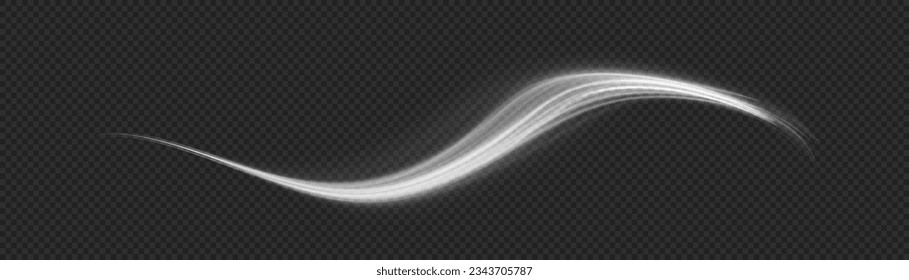 Light trail wave png effect, fire path trace line, car lights, optic fiber and incandescence curve twirl. Luminous white lines png of speed. Bright spiral. Abstract motion lines. Vector illustration.