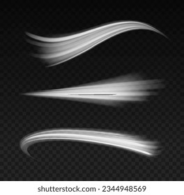 Light trail wave png effect, fire path trace line, car lights, optic fiber and incandescence curve twirl. Luminous white lines png of speed. Bright spiral. Abstract motion lines. Vector illustration.