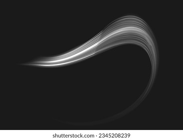 Light trail wave png effect, fire path trace line, car lights, optic fiber and incandescence curve twirl. Luminous white lines png of speed. Bright spiral. Abstract motion lines. Vector illustration.