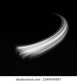 Light trail wave png effect, fire path trace line, car lights, optic fiber and incandescence curve twirl. Luminous white lines png of speed. Bright spiral. Abstract motion lines. Vector illustration.
