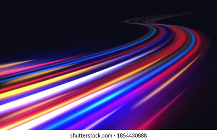 Light trails. Blurred car light motion effect, city road background with long exposure night lights with dynamic flashlight red and blue colors on black. Vector fast highway traffic trail background