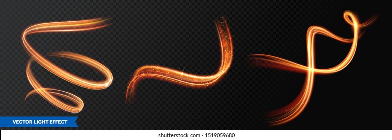 Light Trails, Golden Glitter Glow And Sparkling Flare Spiral Swirls On Transparent Background. Abstract Vector Fire Light Effect Waves And Glittering Tails