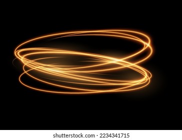 Light trails, golden glitter glow and sparkling flare spiral swirls on black background. Abstract vector fire light effect waves and glittering tails. Shimmering shiny swirls