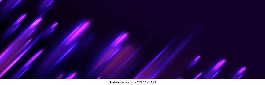 Light Trails On Road At Night. Abstract futuristic neon background with glowing ascending lines. Fantastic wallpaper. Dynamic composition of bright lines forming lights path of speed movement.