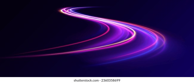 Light Trails On Road At Night. 3d render, abstract futuristic neon background with glowing ascending lines. Fantastic wallpaper	