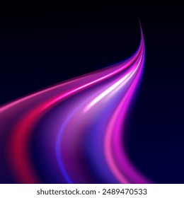 Light Trails On Road At Night. 3d render, abstract futuristic neon background with glowing ascending lines. Fantastic wallpaper