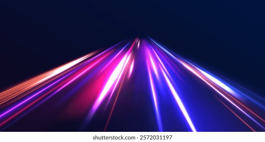 Light trails on road at night. Abstract futuristic neon background with glowing ascending lines. Beautiful glow light flare and spark. Red blue special effect, speed police line.	
